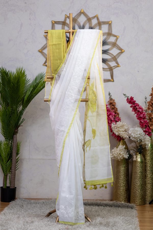 Supernet Saree with Matching Embroidery & Floral Digital Print