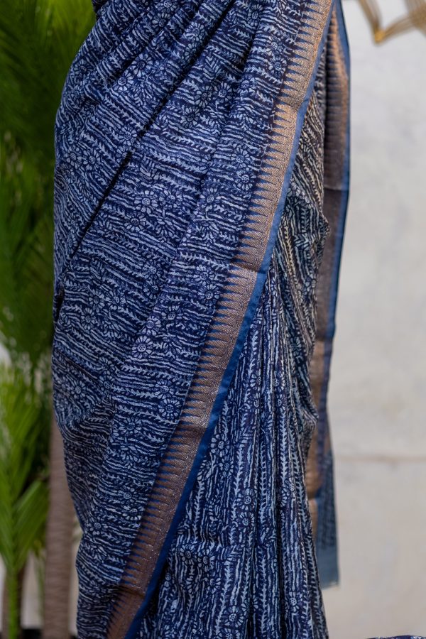 Chanderi Saree with Indigo Print & Antique Banarasi Border - Image 12