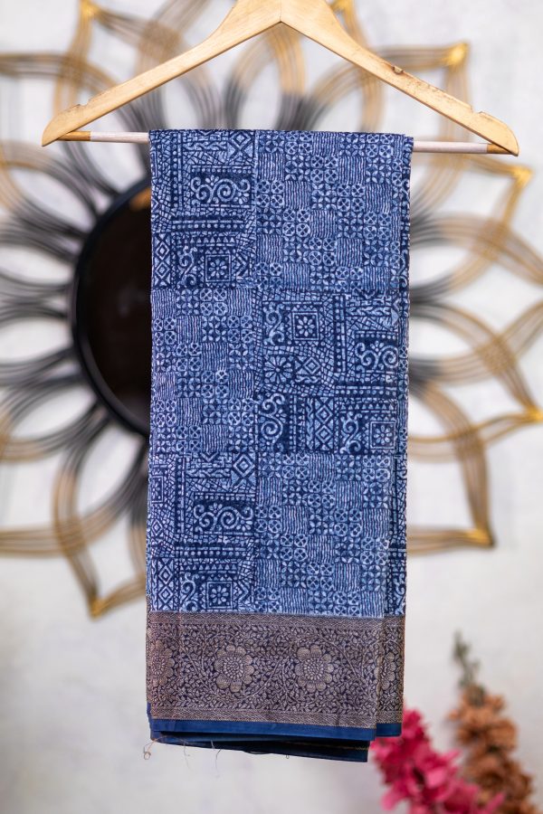 Chanderi Saree with Indigo Print & Antique Banarasi Border - Image 6