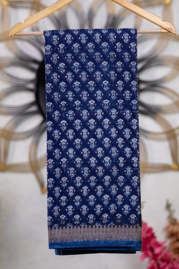 Chanderi Saree with Indigo Print & Antique Banarasi Border - Image 4