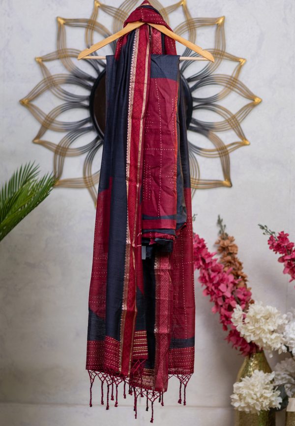Pure Tussar Silk unstitched salwar suits with  Kantha Work - Image 6