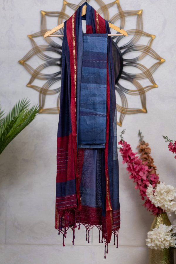 Pure Tussar Silk unstitched salwar suits with  Kantha Work - Image 5