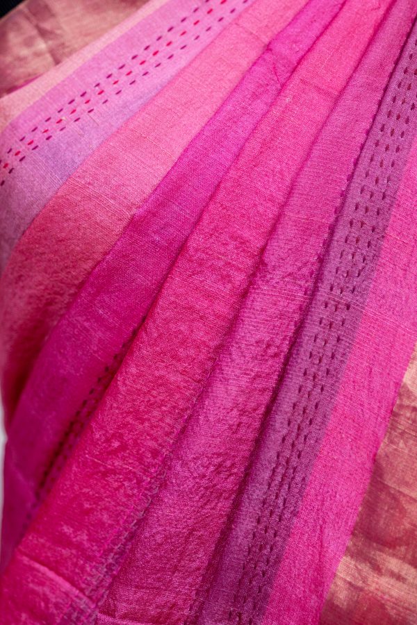 Pure Tussar Silk Saree with Intricate Kantha Work - Image 5