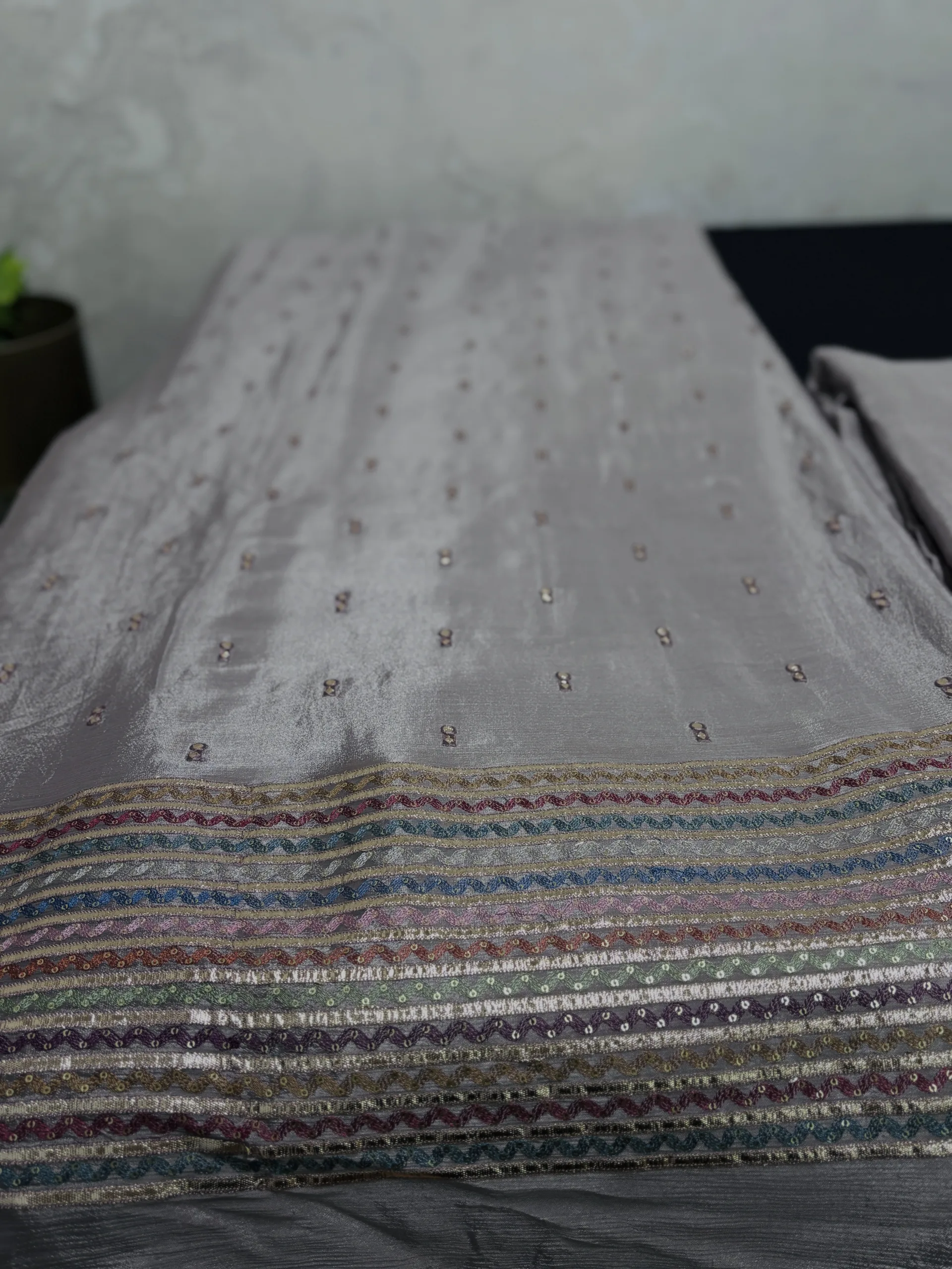 Pure Chinon Fabric with Multi-Shade Embroidery & Antique Gold Gota Stripes - Image 13
