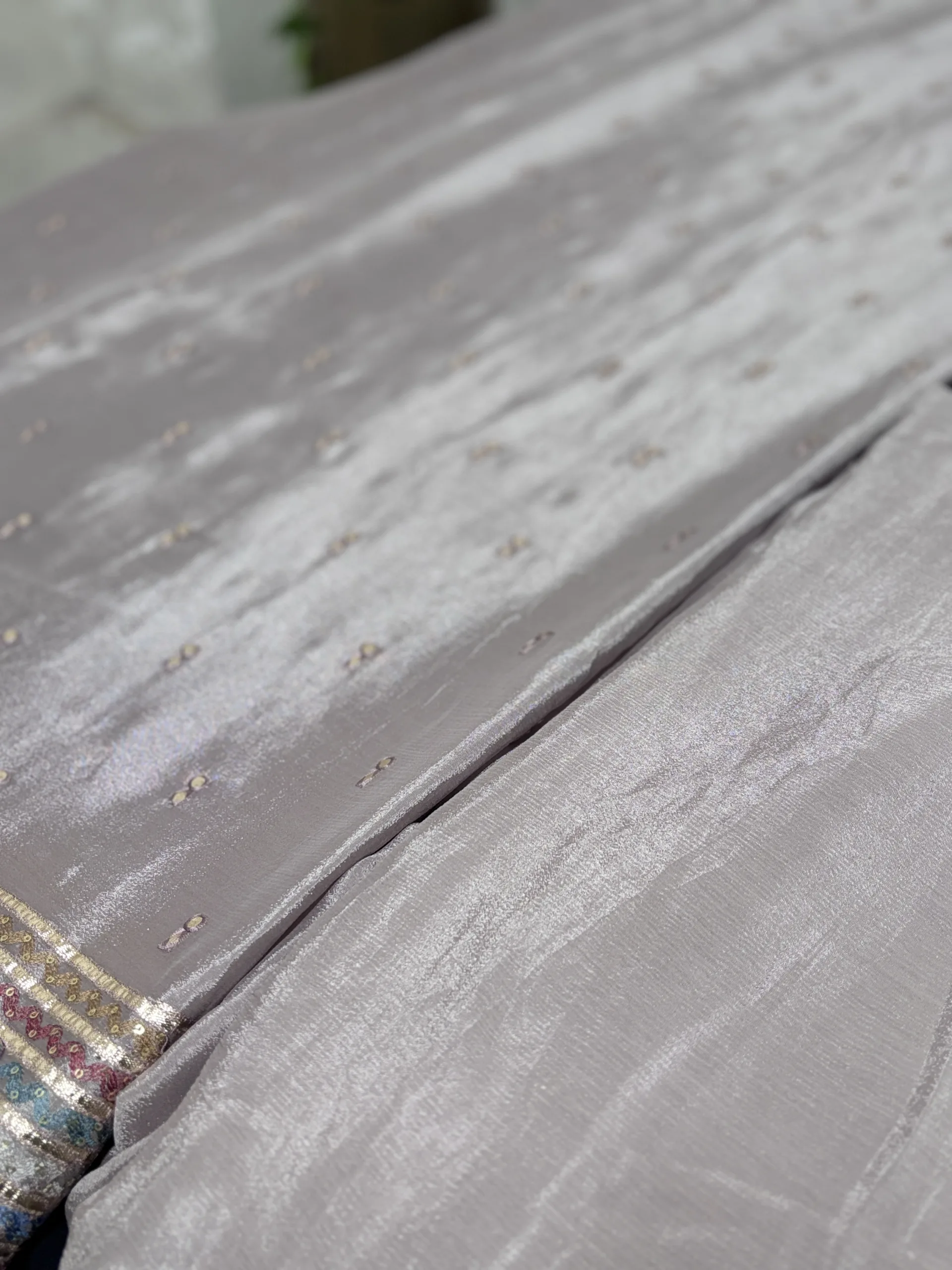 Pure Chinon Fabric with Multi-Shade Embroidery & Antique Gold Gota Stripes - Image 12