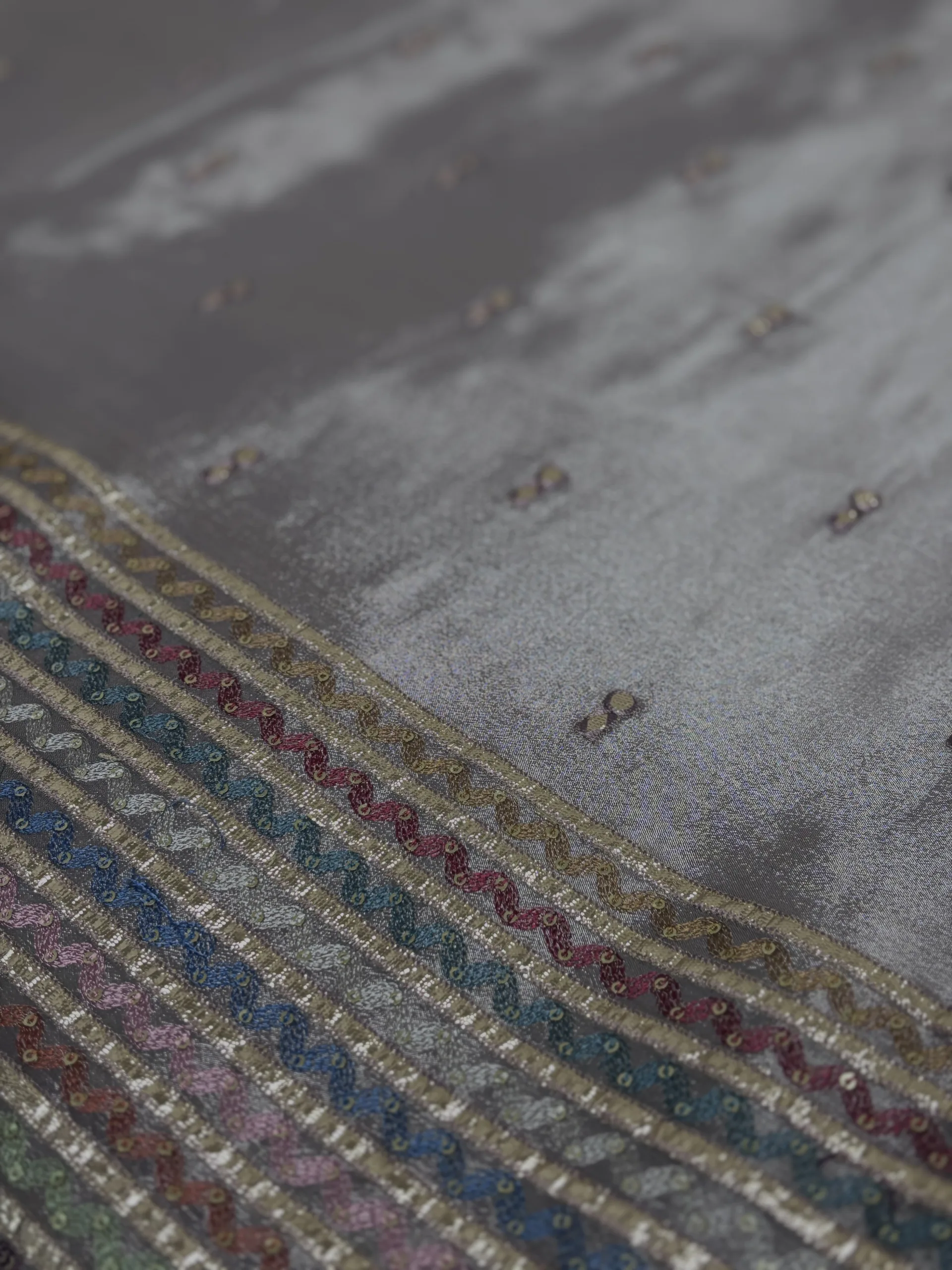 Pure Chinon Fabric with Multi-Shade Embroidery & Antique Gold Gota Stripes - Image 11