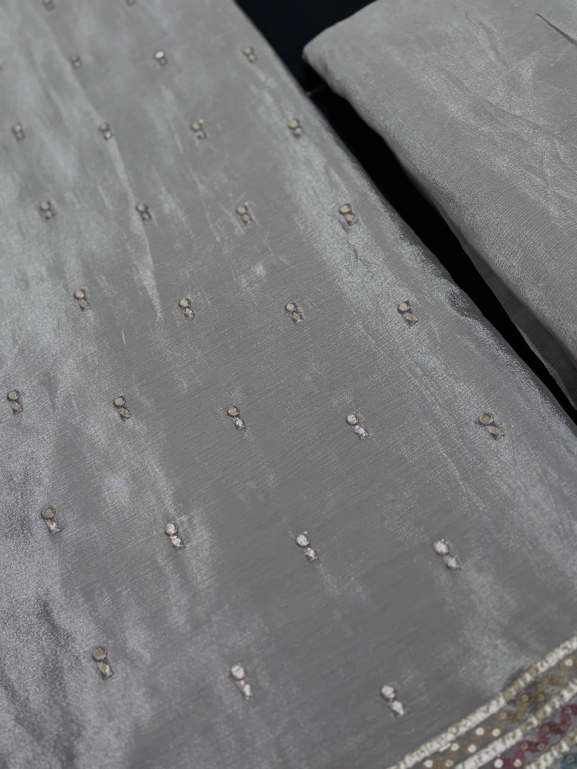 Pure Chinon Fabric with Multi-Shade Embroidery & Antique Gold Gota Stripes - Image 8