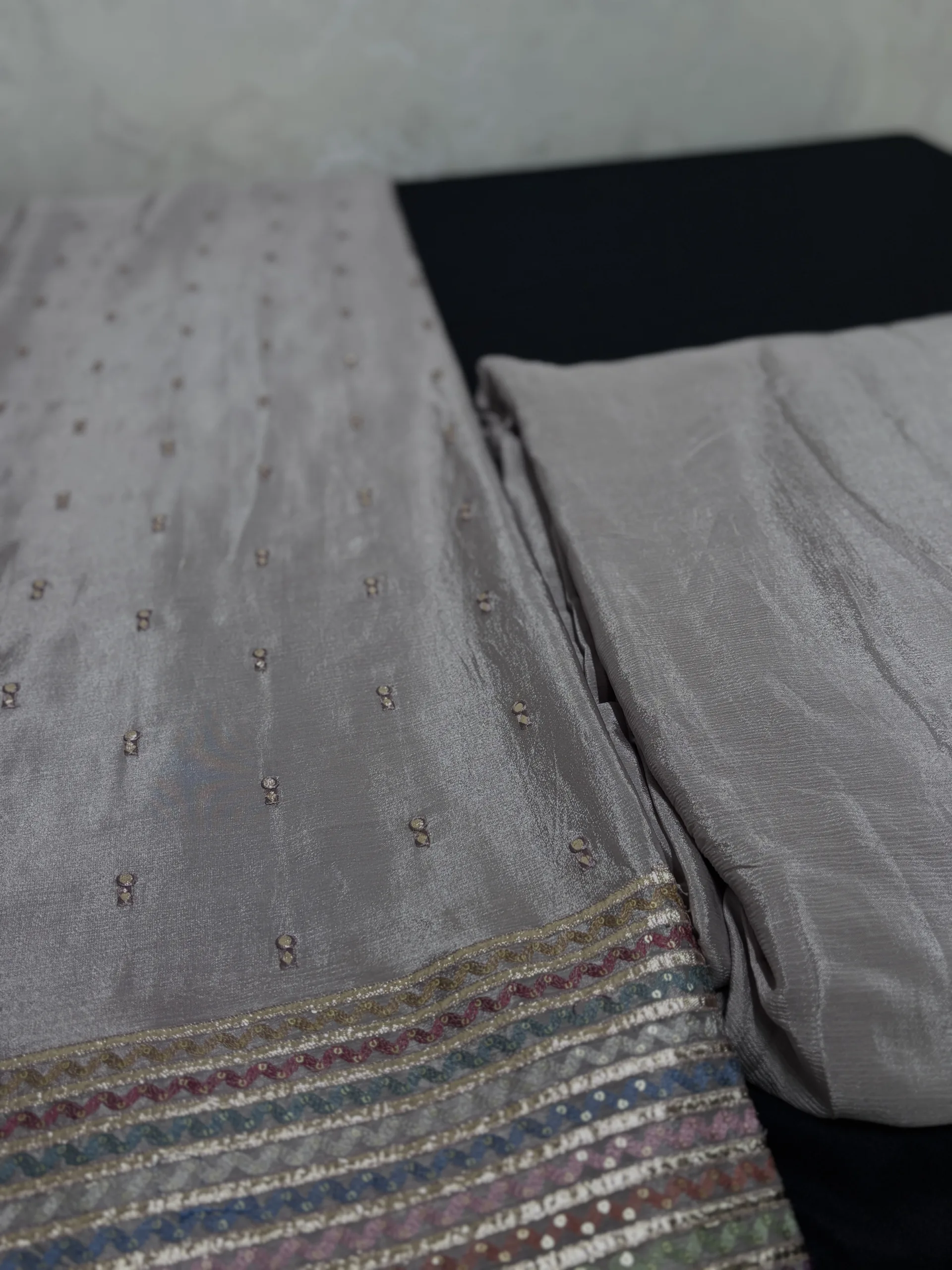 Pure Chinon Fabric with Multi-Shade Embroidery & Antique Gold Gota Stripes - Image 7