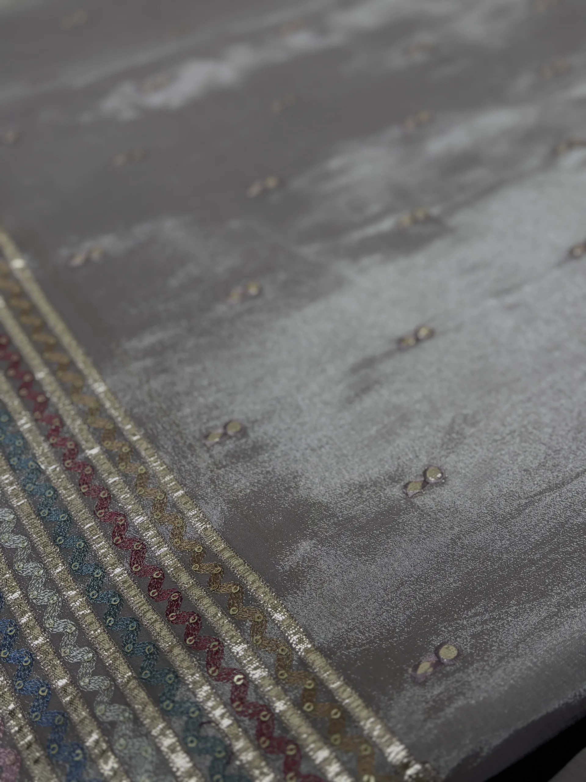 Pure Chinon Fabric with Multi-Shade Embroidery & Antique Gold Gota Stripes - Image 6