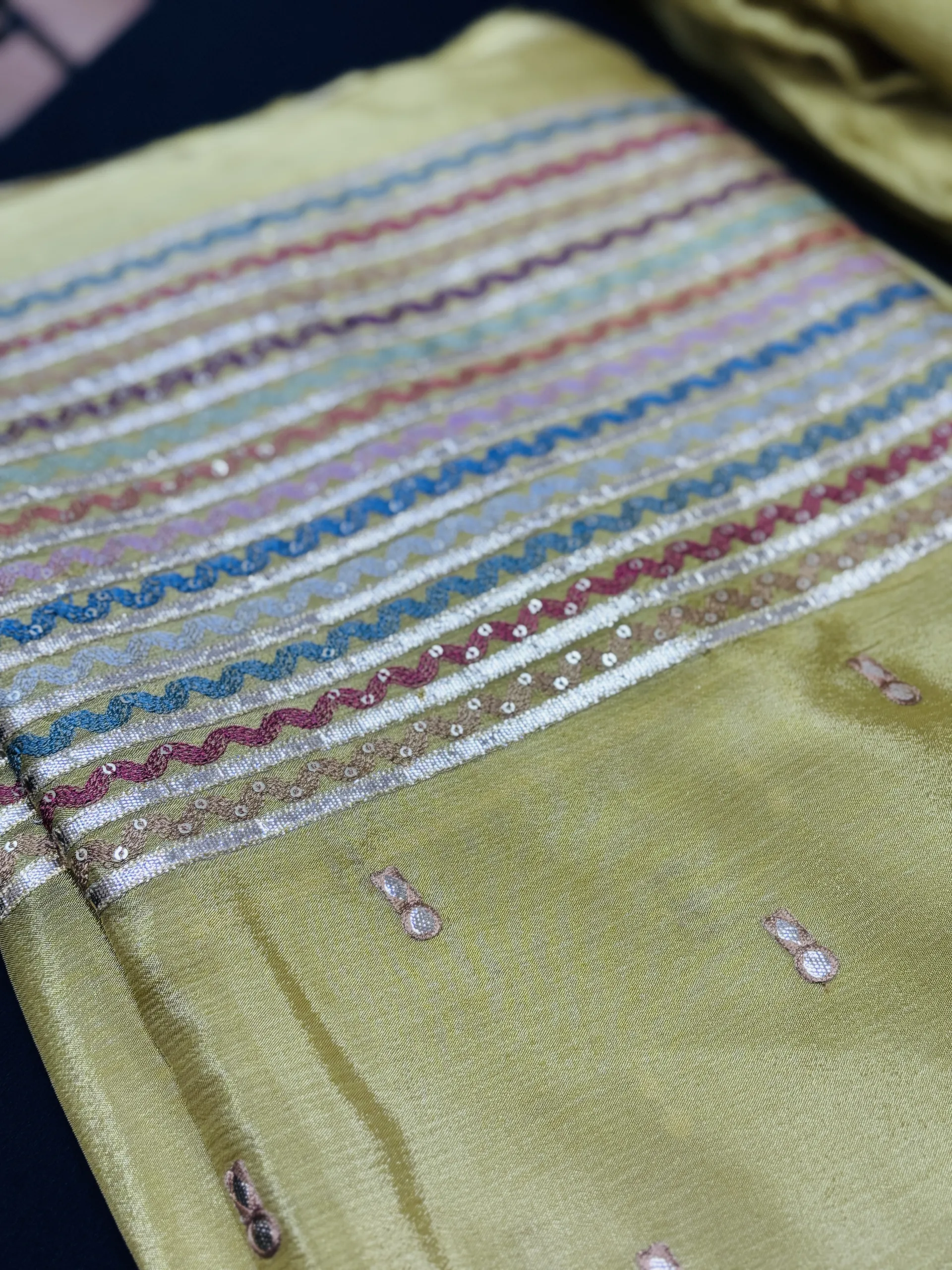 Pure Chinon Fabric with Multi-Shade Embroidery & Antique Gold Gota Stripes - Image 3