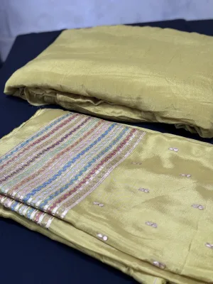 Pure Chinon Fabric with Multi-Shade Embroidery & Antique Gold Gota Stripes