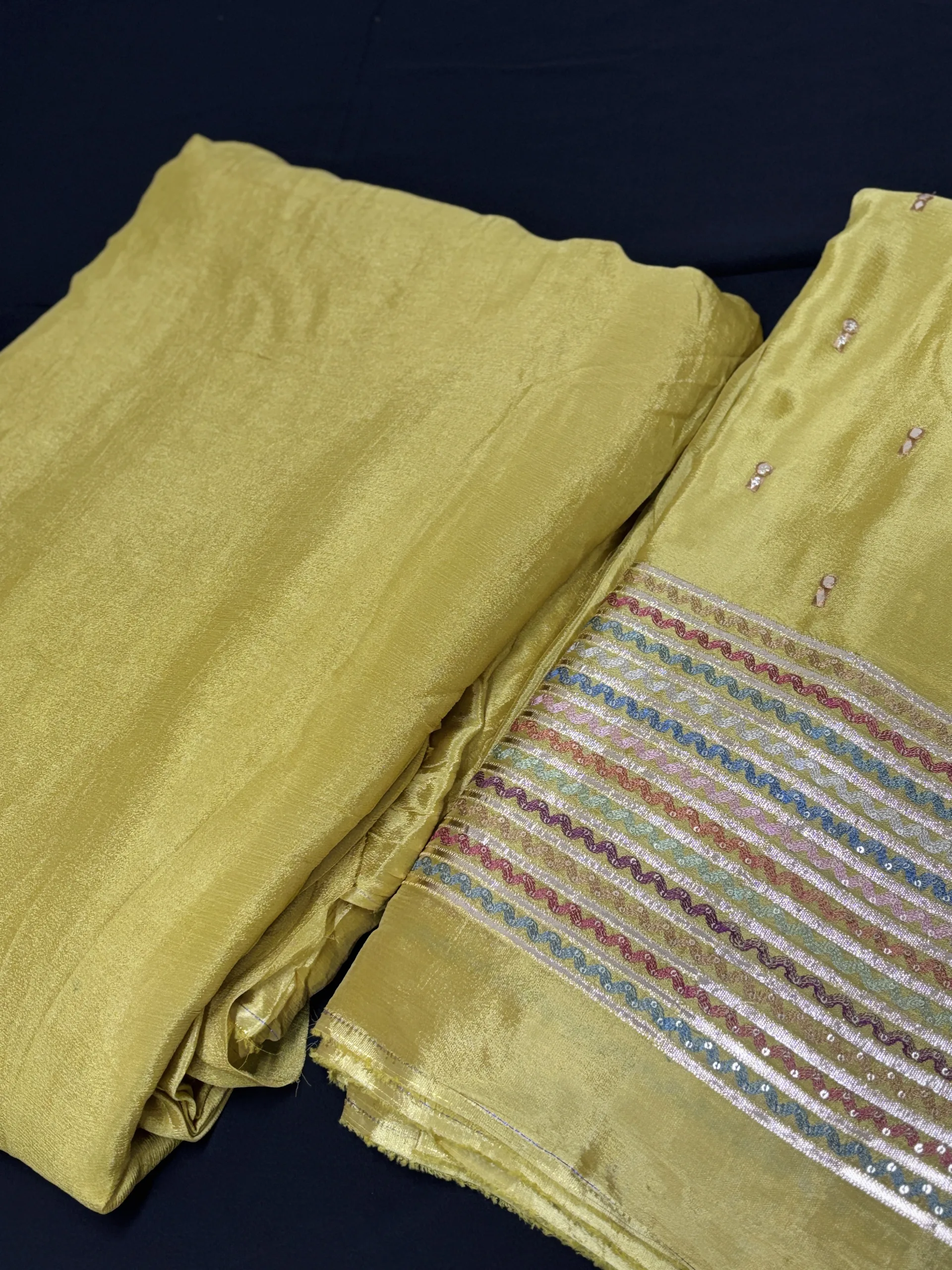 Pure Chinon Fabric with Multi-Shade Embroidery & Antique Gold Gota Stripes - Image 4