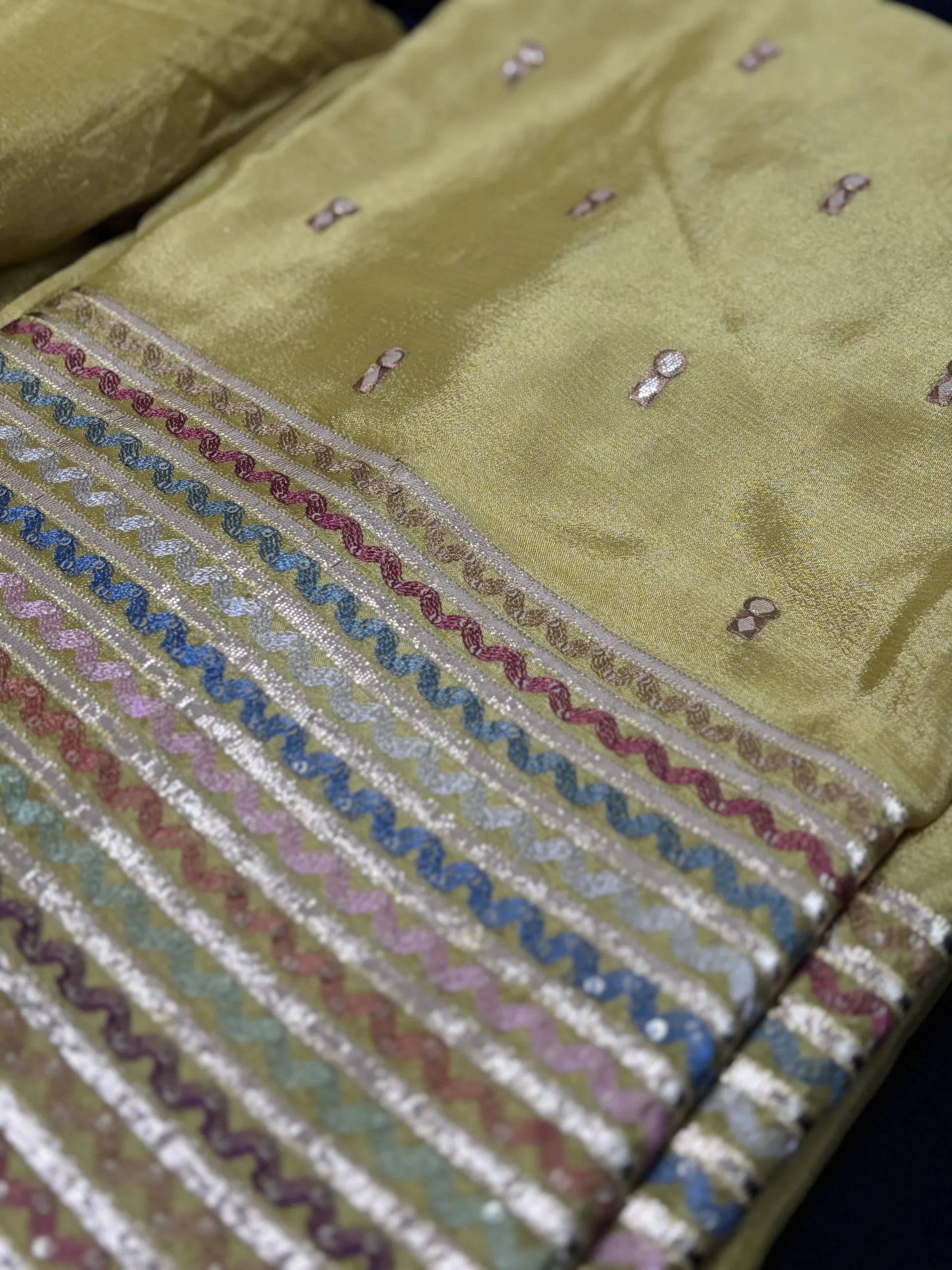 Pure Chinon Fabric with Multi-Shade Embroidery & Antique Gold Gota Stripes - Image 2
