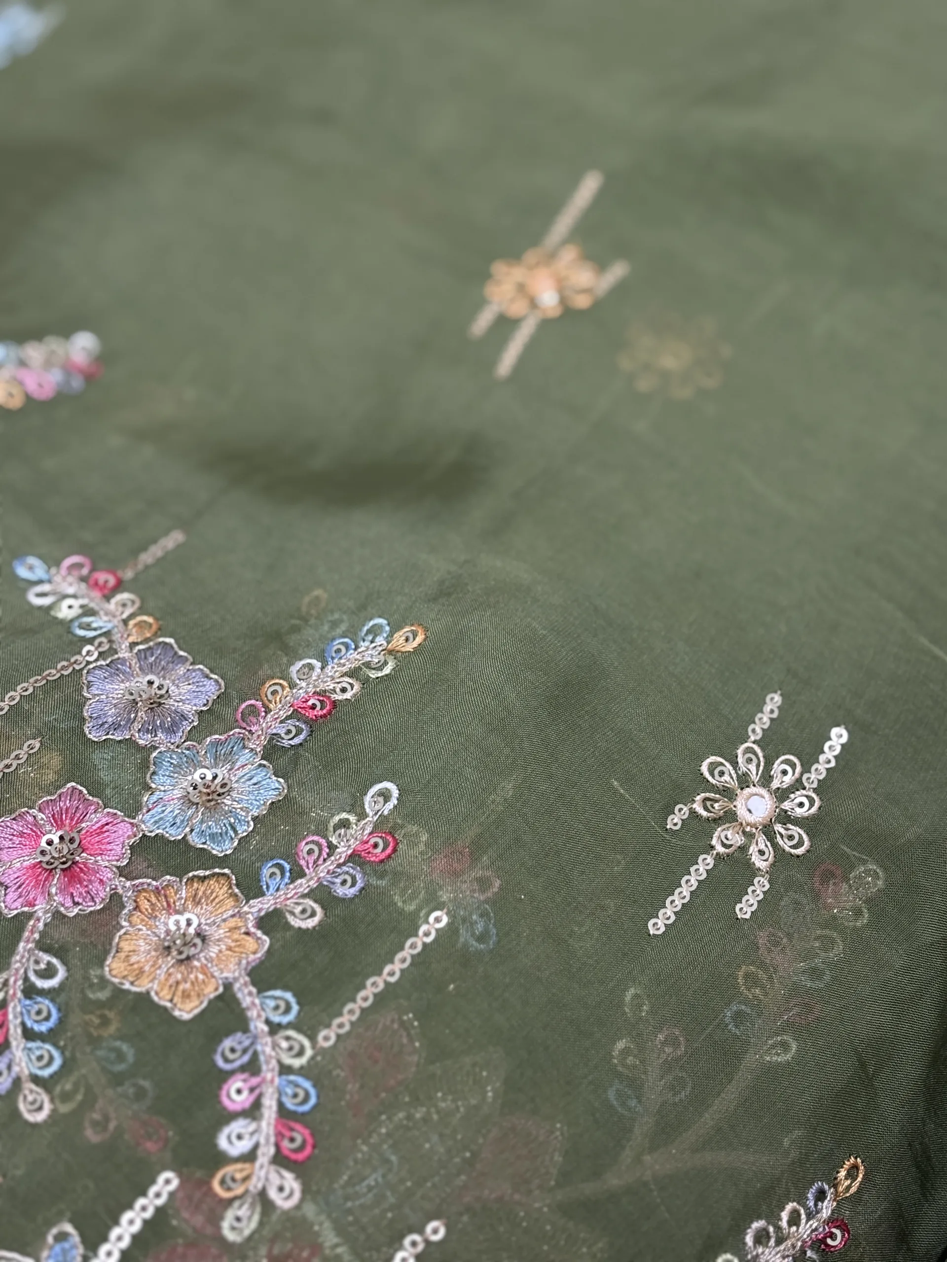 Pure Organza Fabric with Floral Embroidery and Butti Work - Image 23