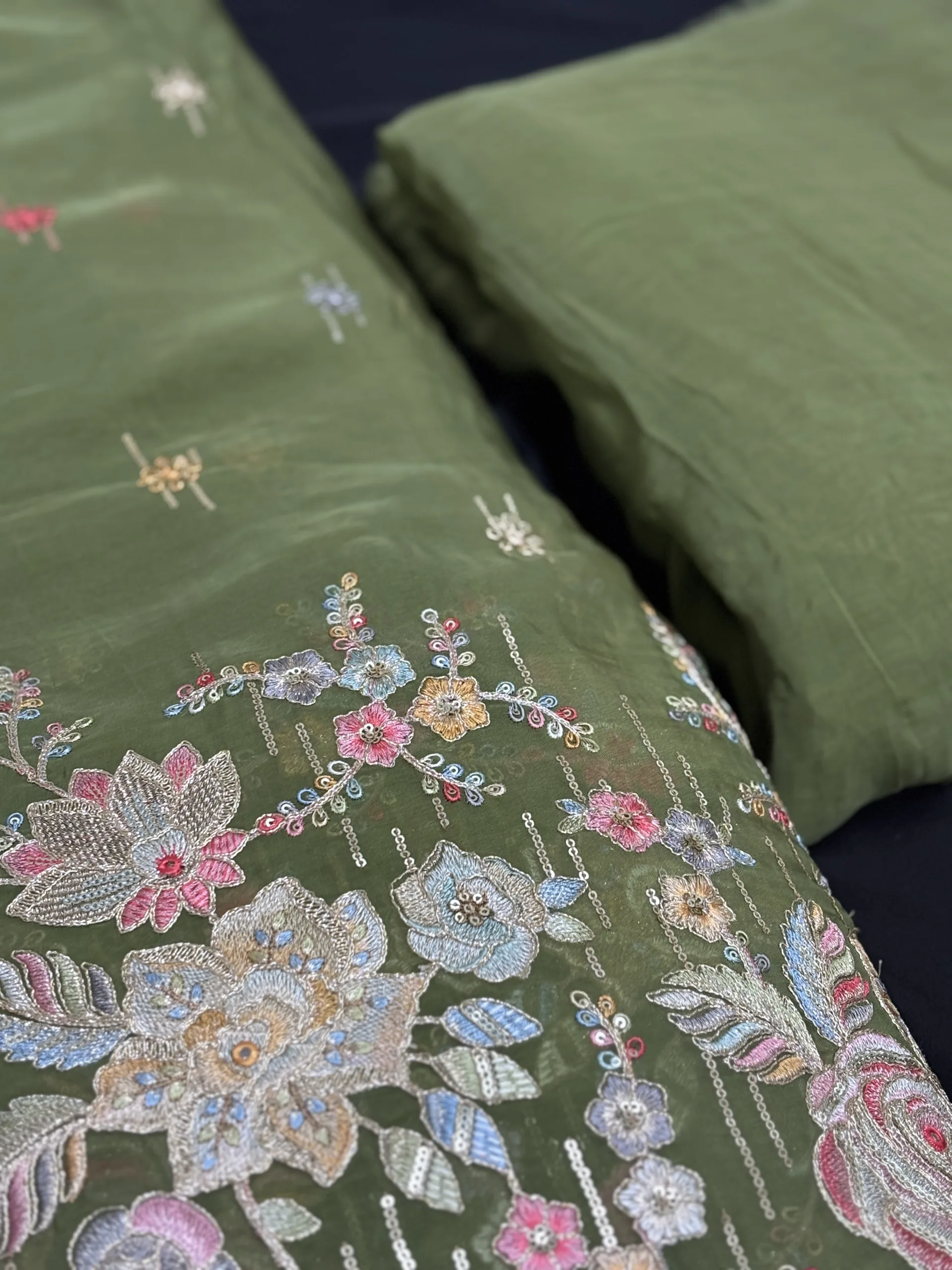 Pure Organza Fabric with Floral Embroidery and Butti Work - Image 22