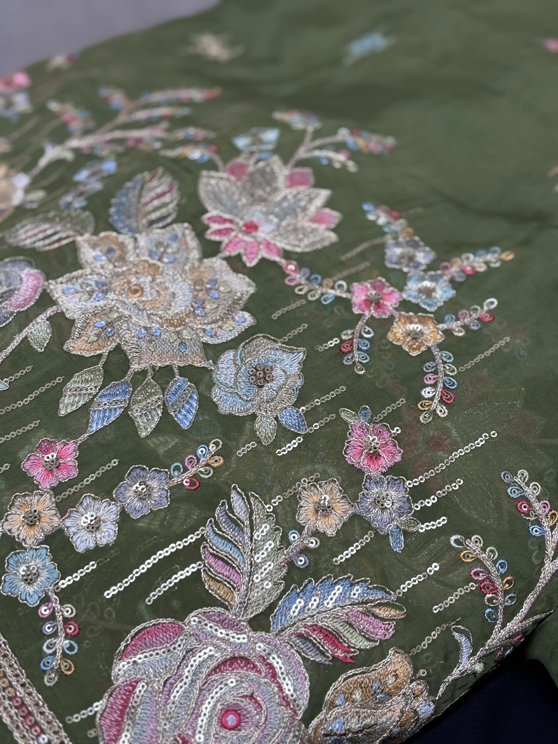 Pure Organza Fabric with Floral Embroidery and Butti Work - Image 21