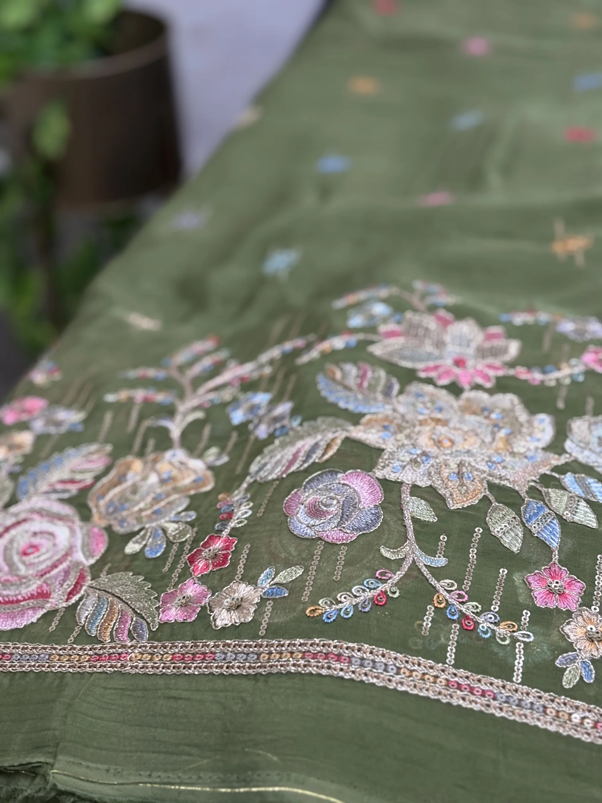 Pure Organza Fabric with Floral Embroidery and Butti Work - Image 20