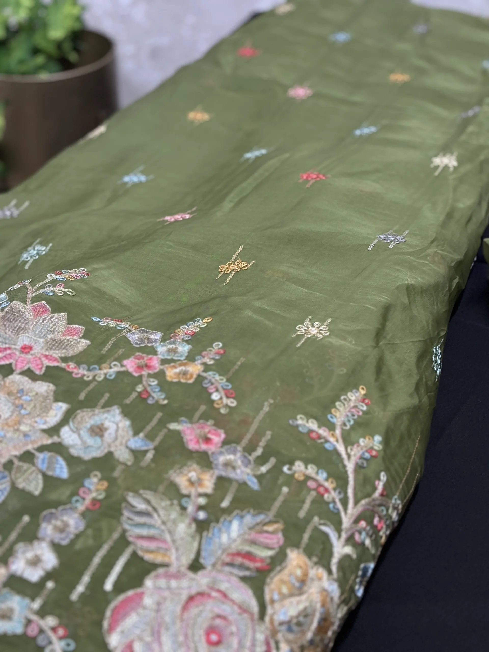 Pure Organza Fabric with Floral Embroidery and Butti Work - Image 18