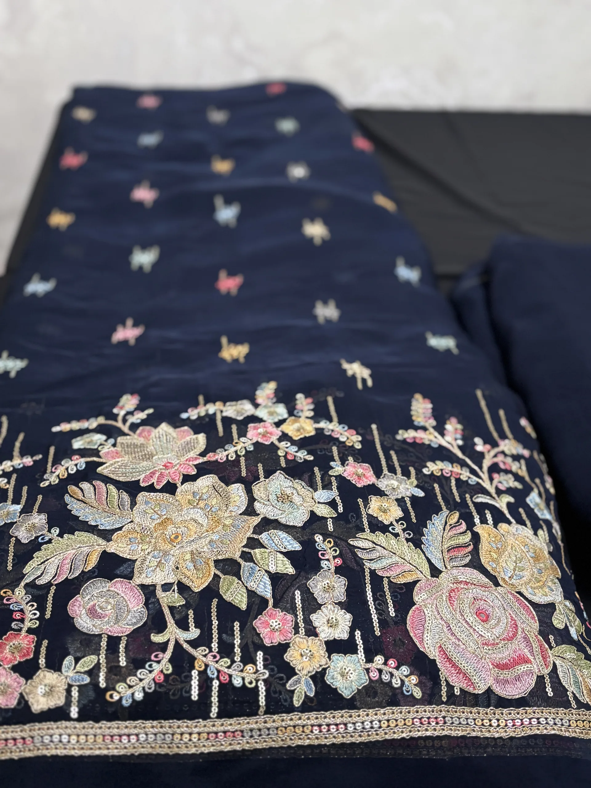 Pure Organza Fabric with Floral Embroidery and Butti Work