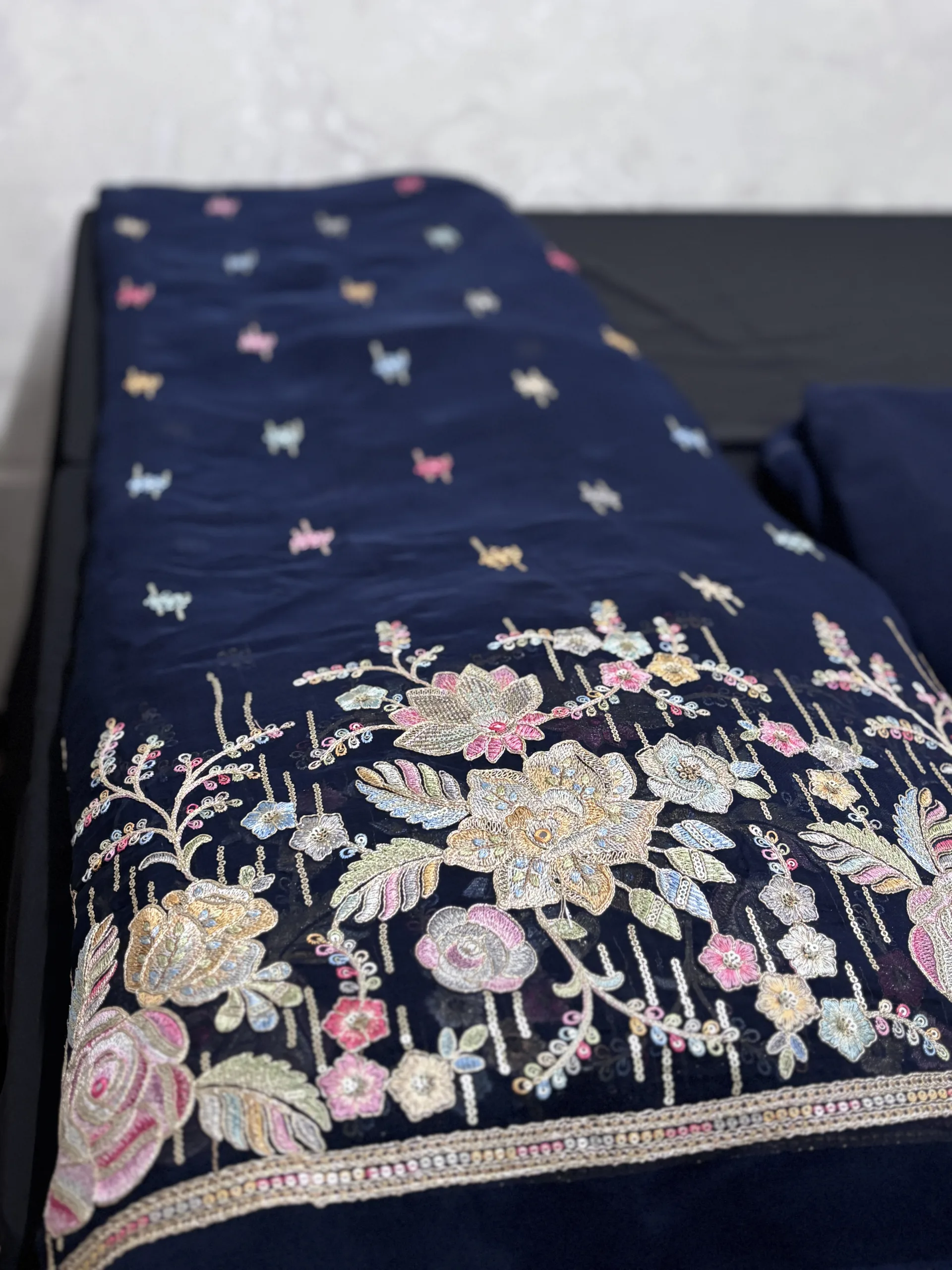 Pure Organza Fabric with Floral Embroidery and Butti Work - Image 14