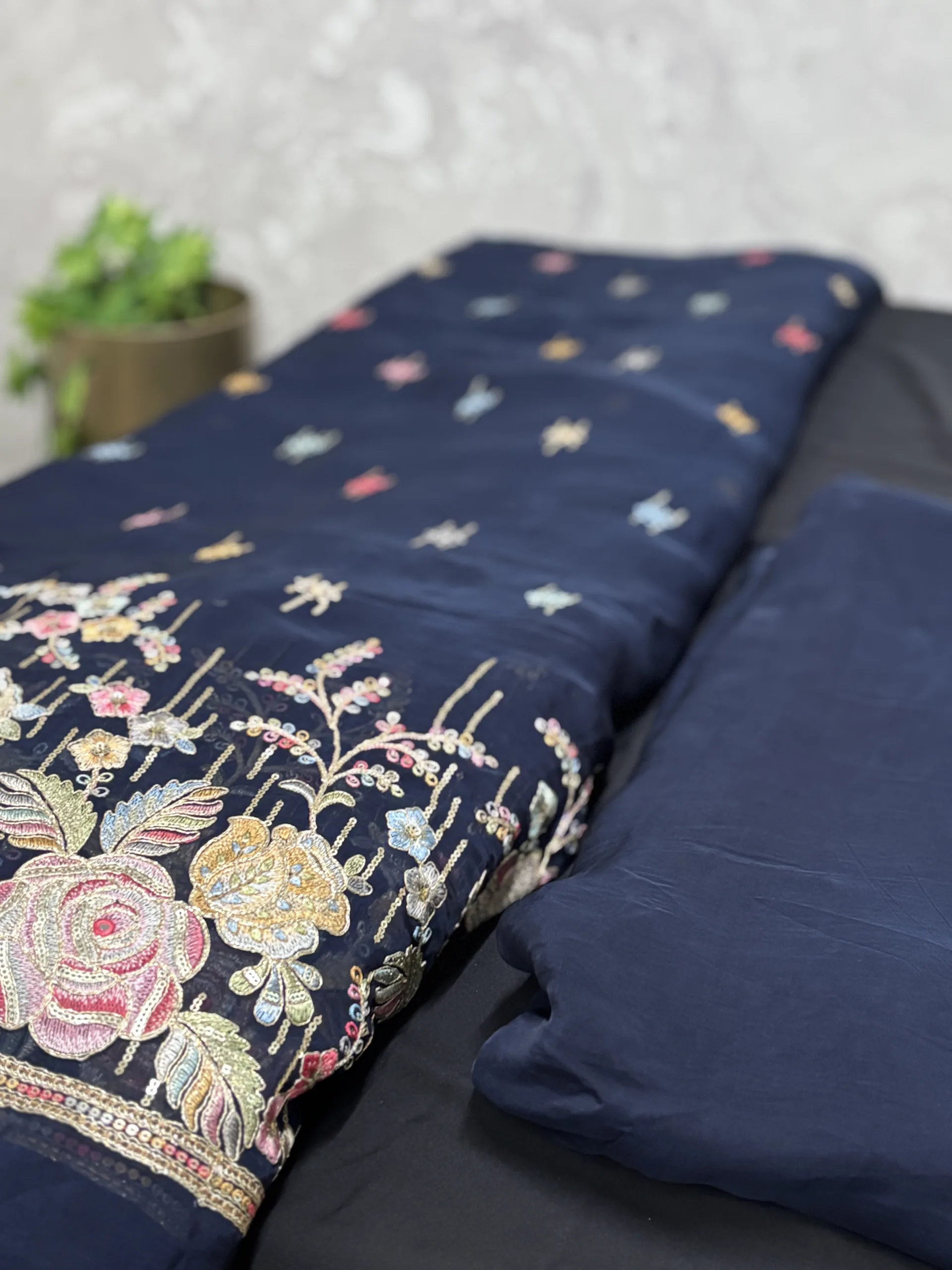 Pure Organza Fabric with Floral Embroidery and Butti Work - Image 13