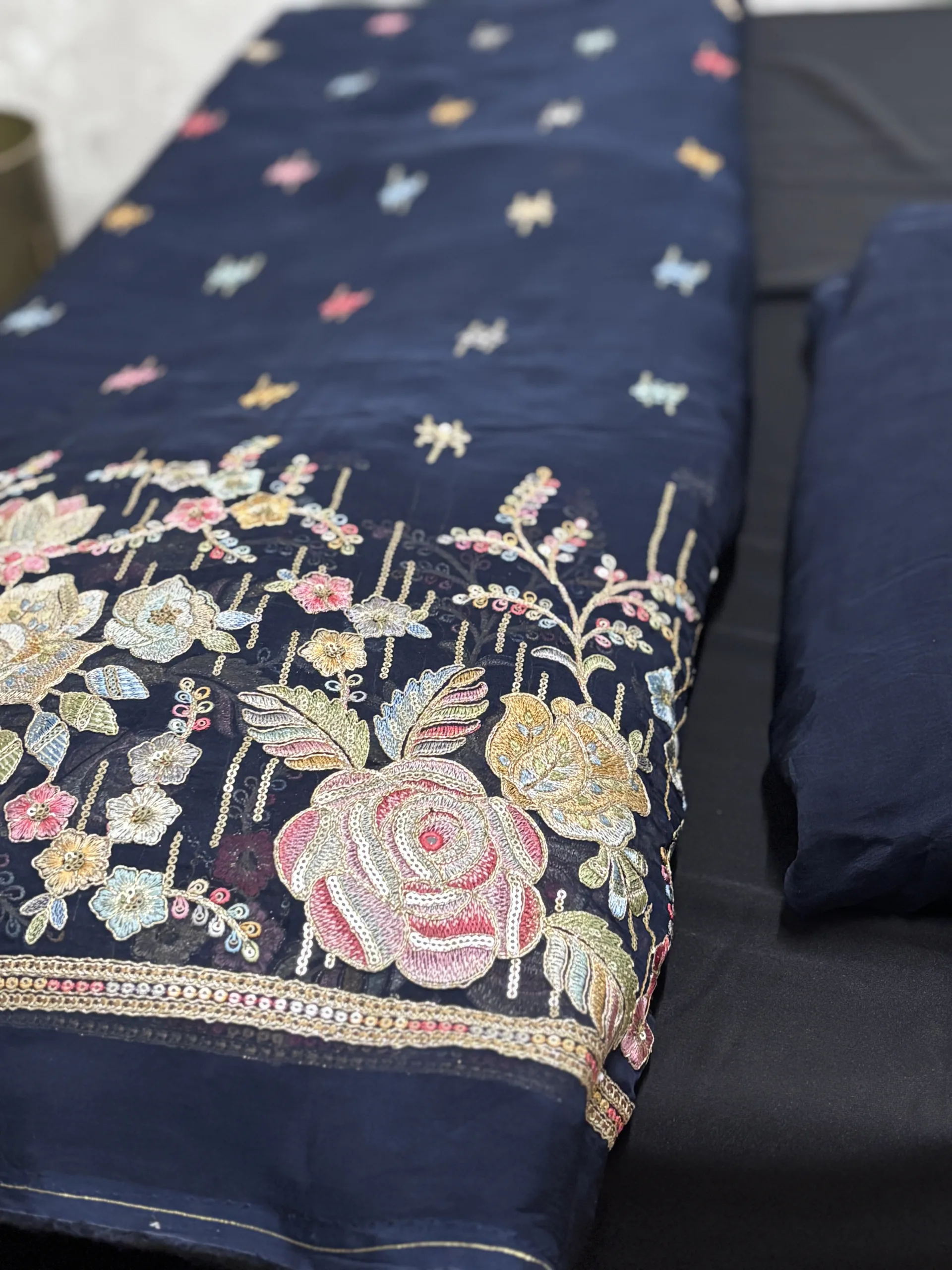 Pure Organza Fabric with Floral Embroidery and Butti Work - Image 12