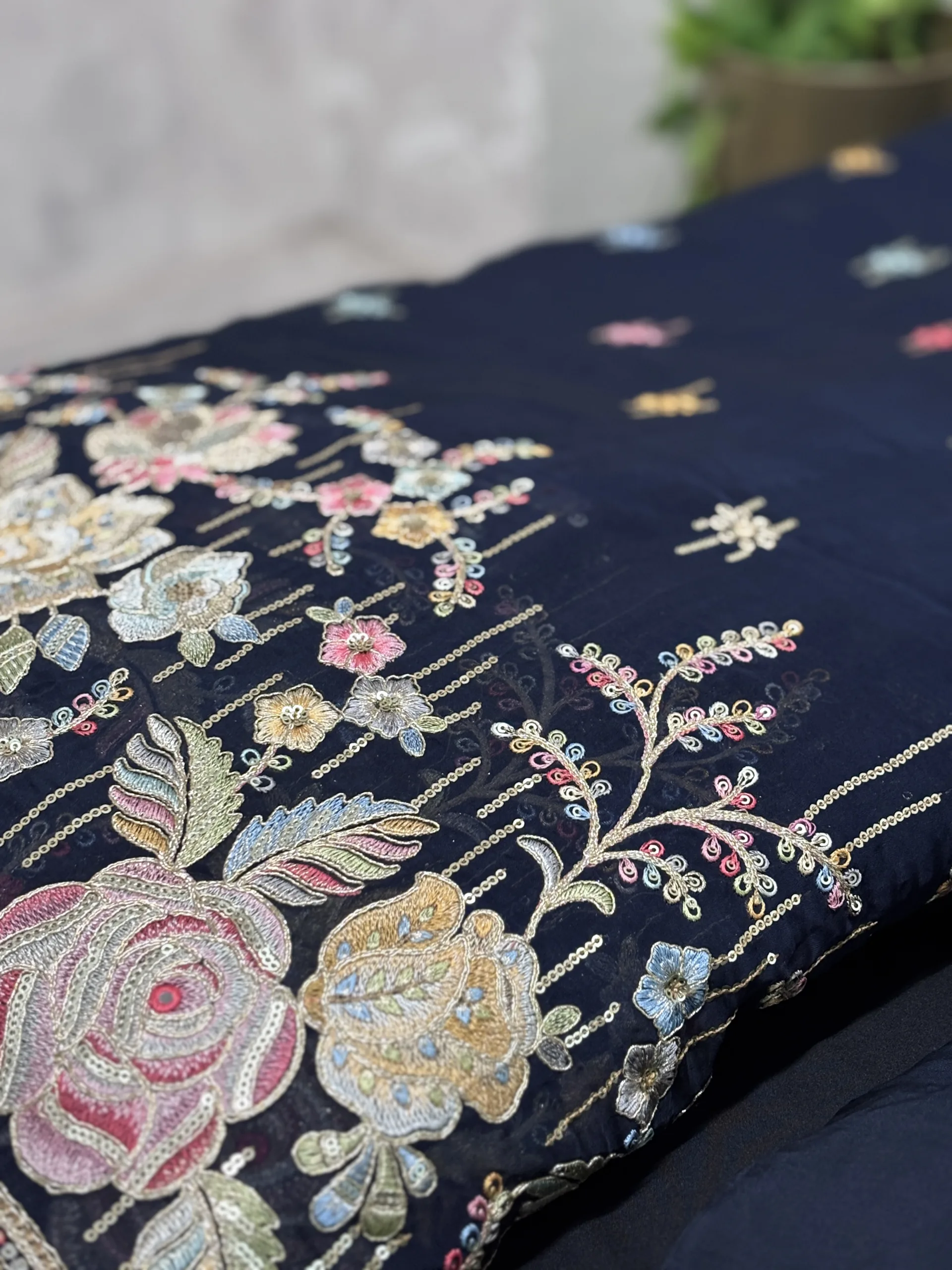 Pure Organza Fabric with Floral Embroidery and Butti Work - Image 10