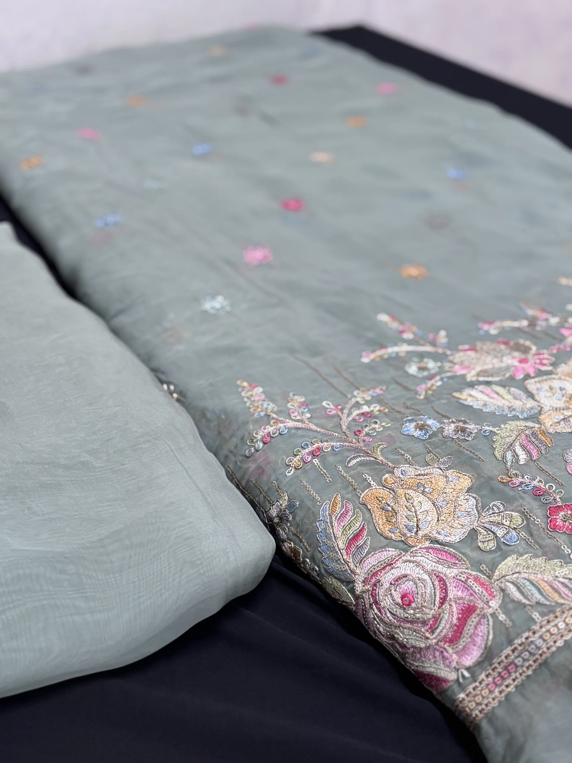 Pure Organza Fabric with Floral Embroidery and Butti Work - Image 5