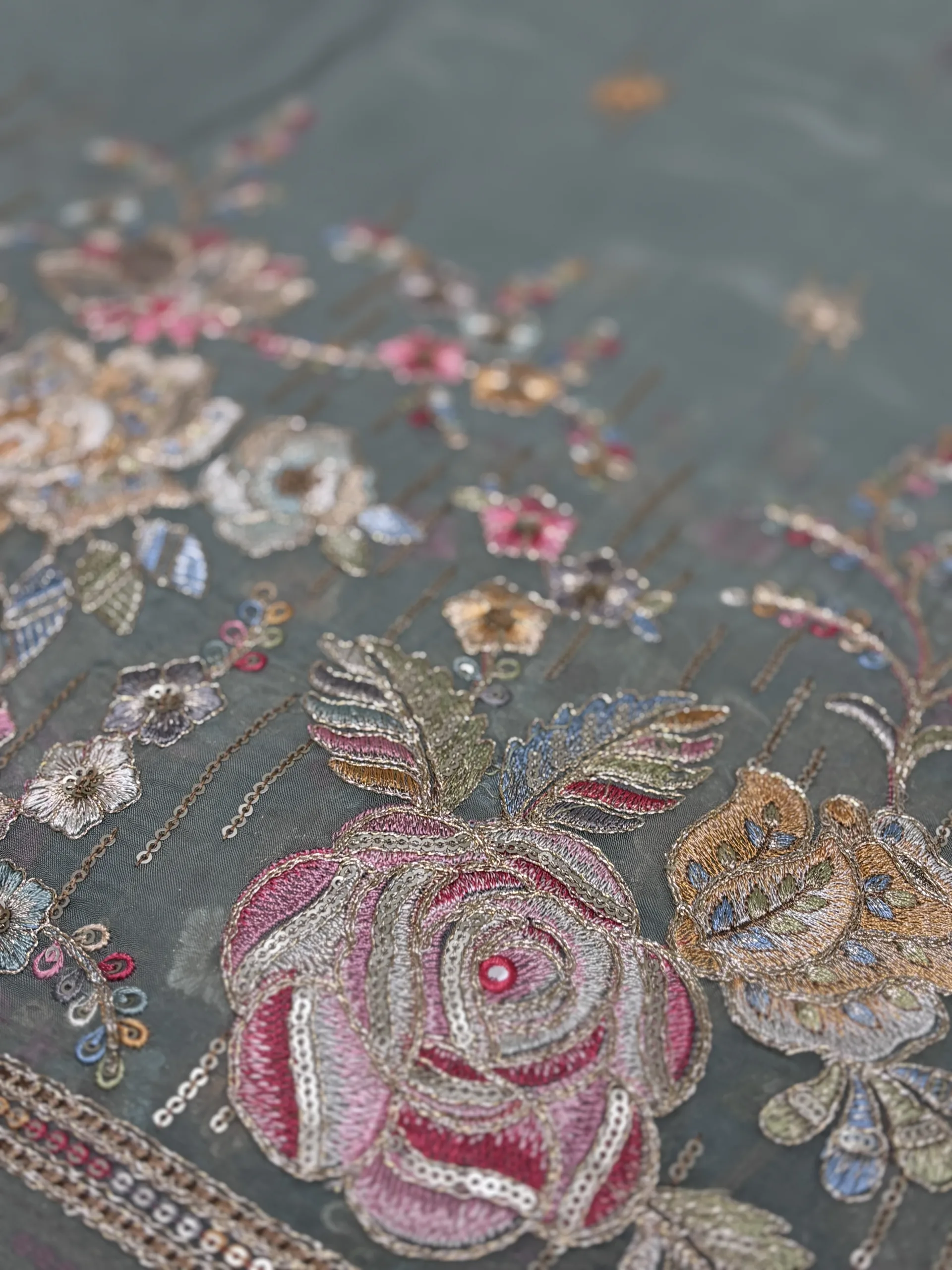 Pure Organza Fabric with Floral Embroidery and Butti Work - Image 2