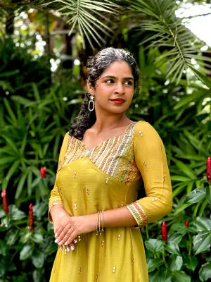 Citron Yellow Long A-Line Kurta in Viscose Chinnon