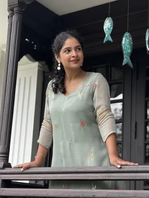 Light Teal A-Line Kurthi with Multicoloured Floral Embroidery