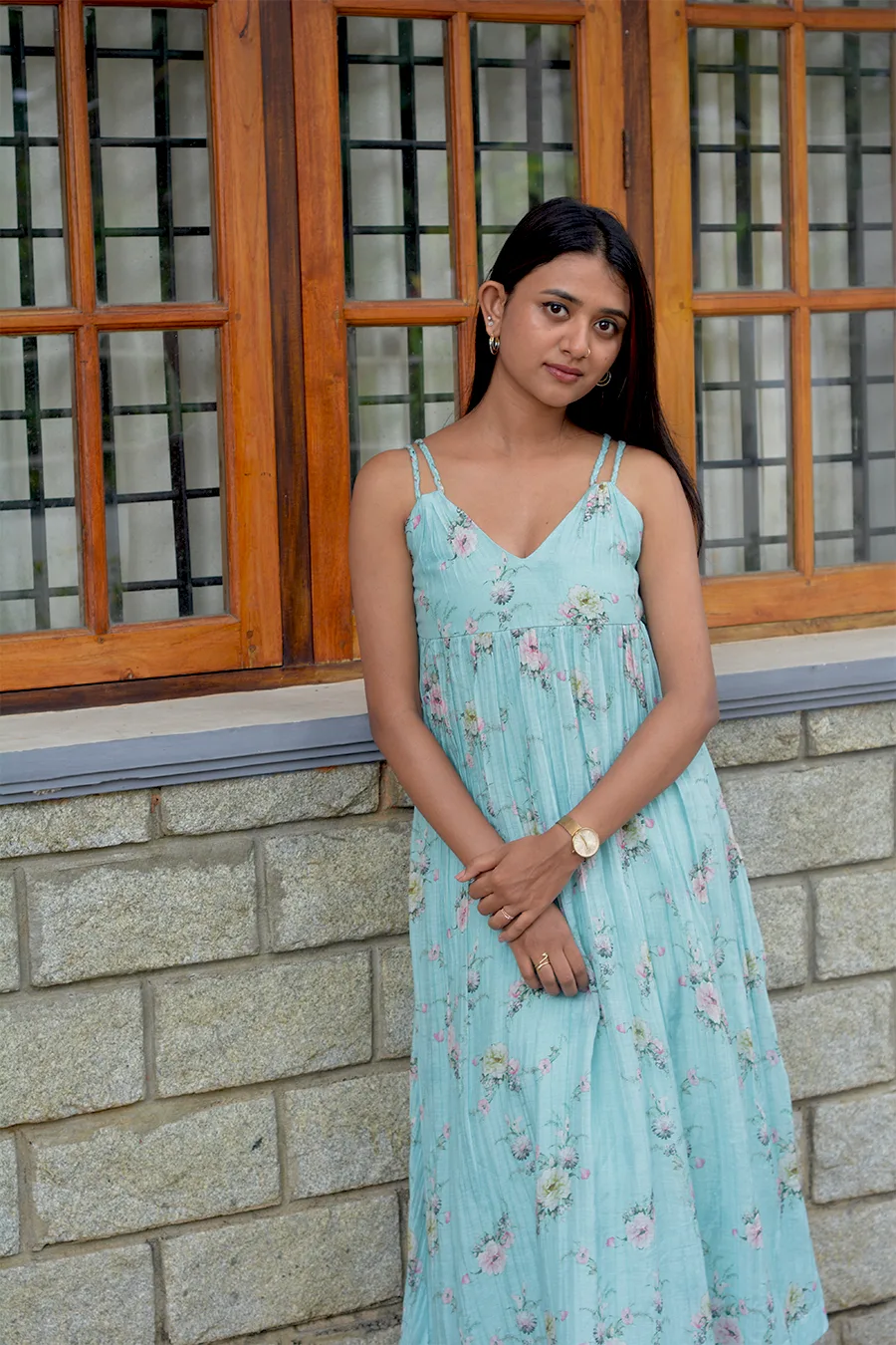 Sky Blue Floral V-Neck Dress in Malai Chanderi - Image 10