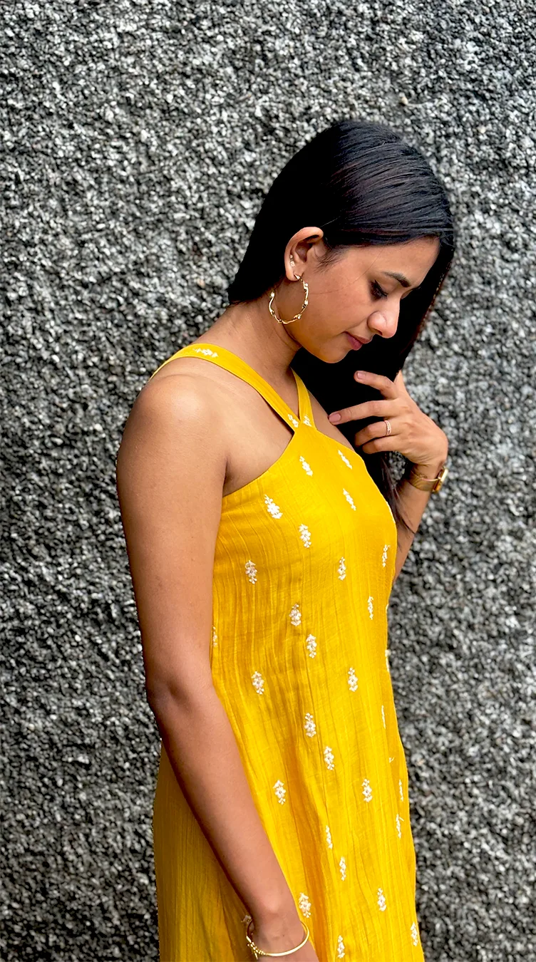 Bright Mustard Yellow Malai Chanderi Dress with Criss-Cross Neck & Keyhole Back - Image 11
