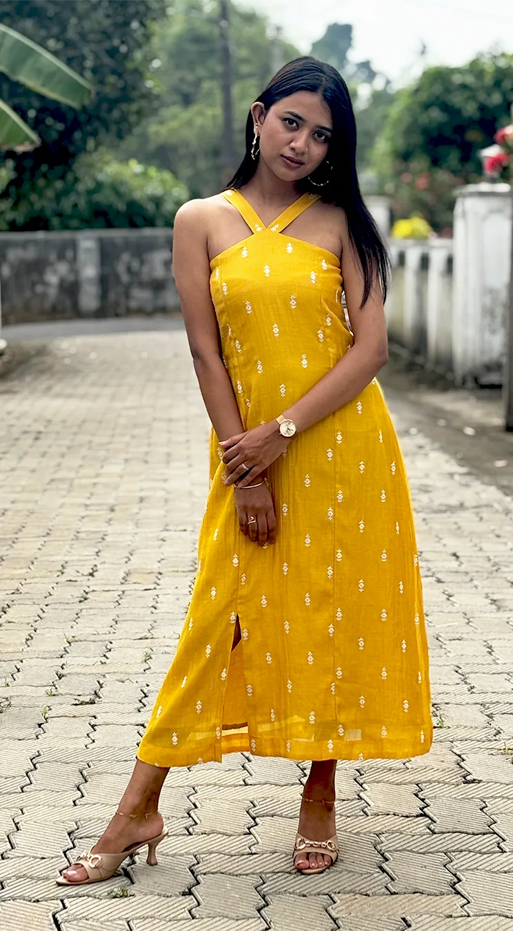 Bright Mustard Yellow Malai Chanderi Dress with Criss-Cross Neck & Keyhole Back - Image 2