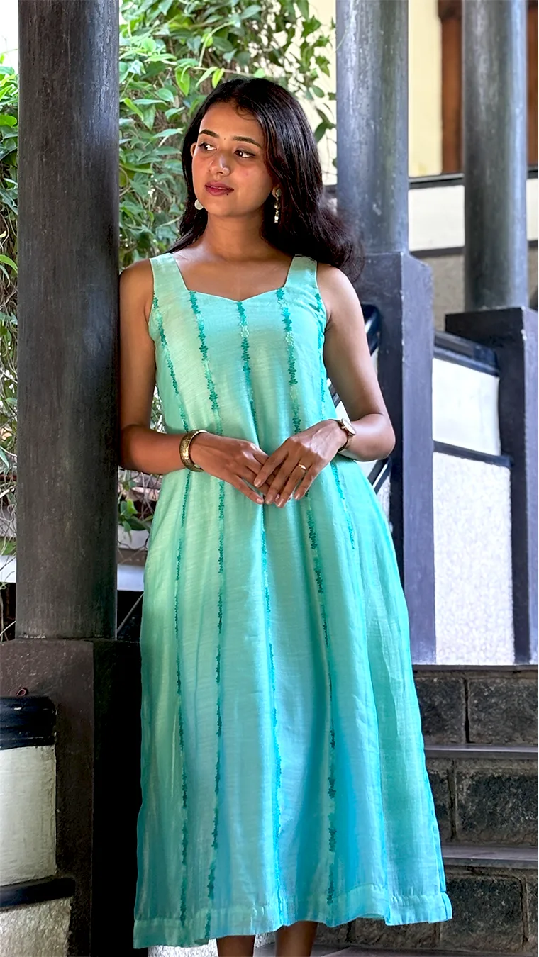 Shaded Aqua Blue Malai Chanderi Panel-Cut Top with Ari Embroidery - Image 5