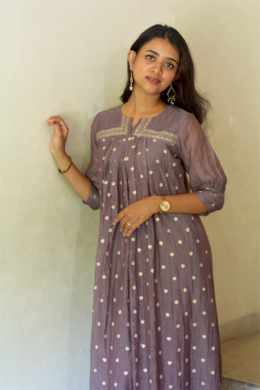 Malai Chanderi A-Line Dress with Split V-Neck & Gathered Sleeves
