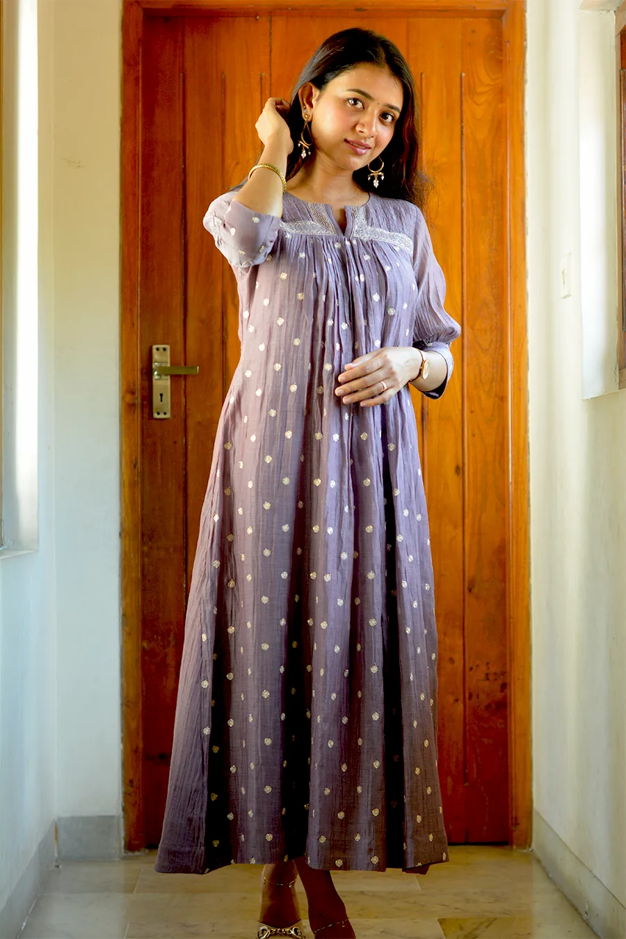 Malai Chanderi A-Line Dress with Split V-Neck & Gathered Sleeves - Image 2