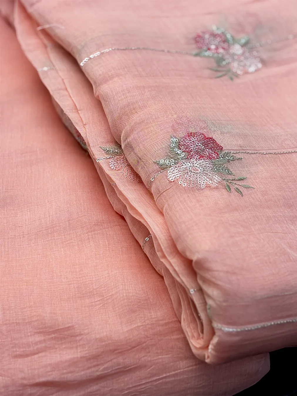 Malai Chanderi Fabric with Floral Embroidery