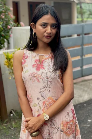 Peach Floral A-Line Top in Malai Chanderi