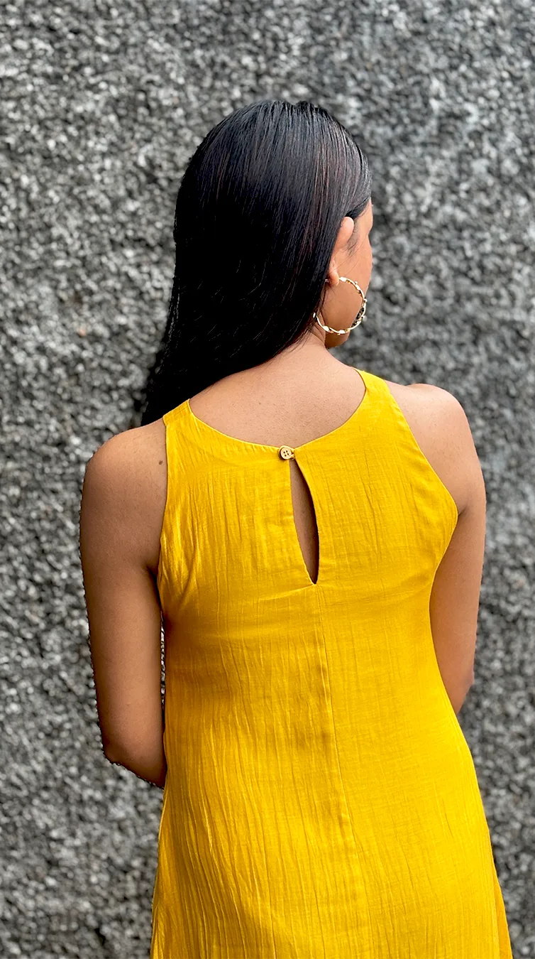 Bright Mustard Yellow Malai Chanderi Dress with Criss-Cross Neck & Keyhole Back - Image 10