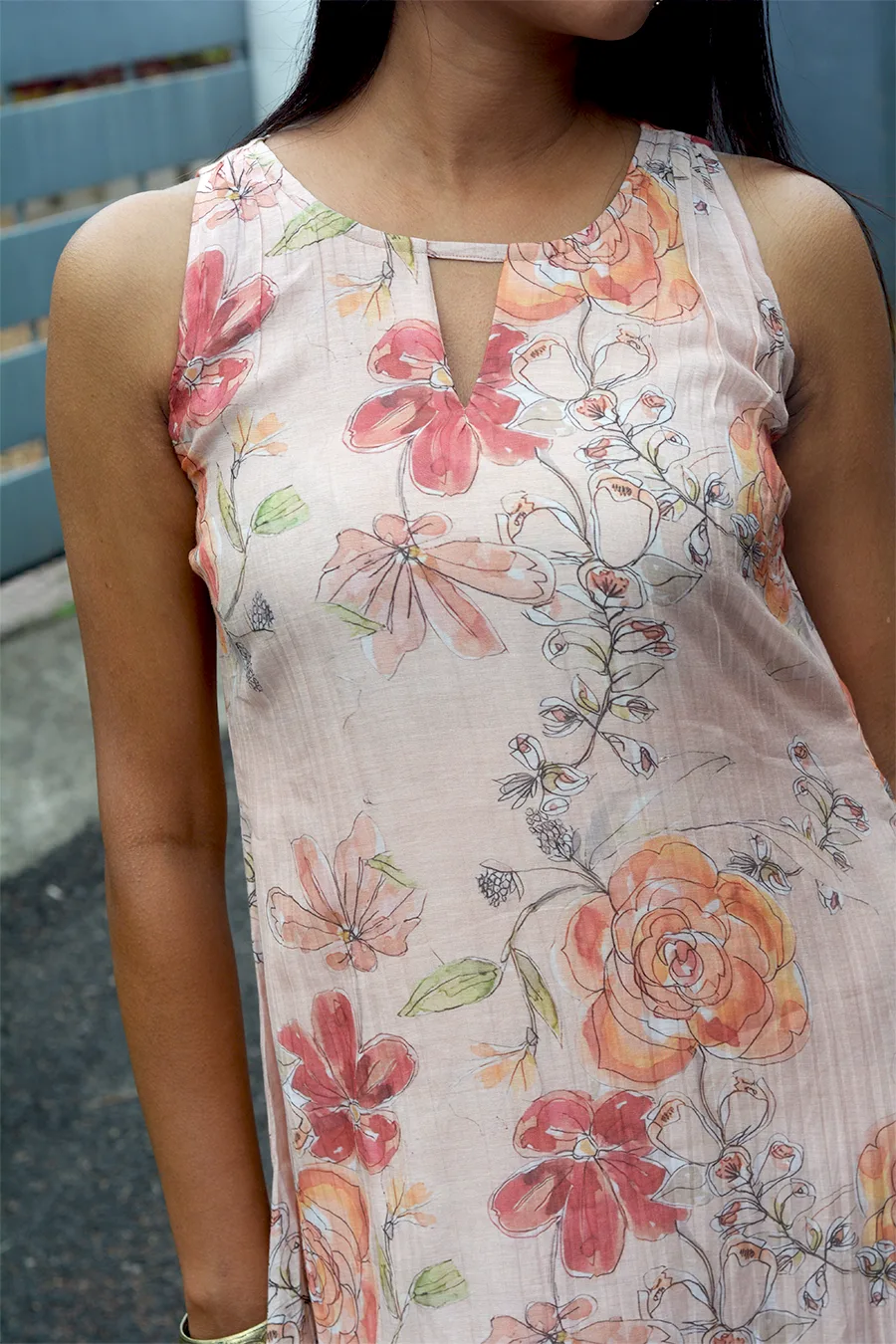 Peach Floral A-Line Top in Malai Chanderi - Image 3