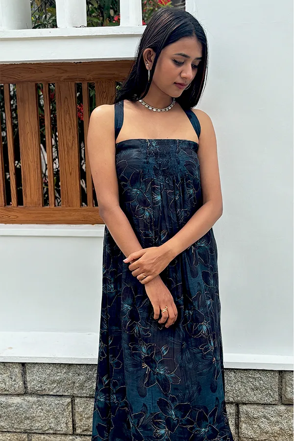 Dark Blue Floral 3-Panel Dress in Malai Chanderi