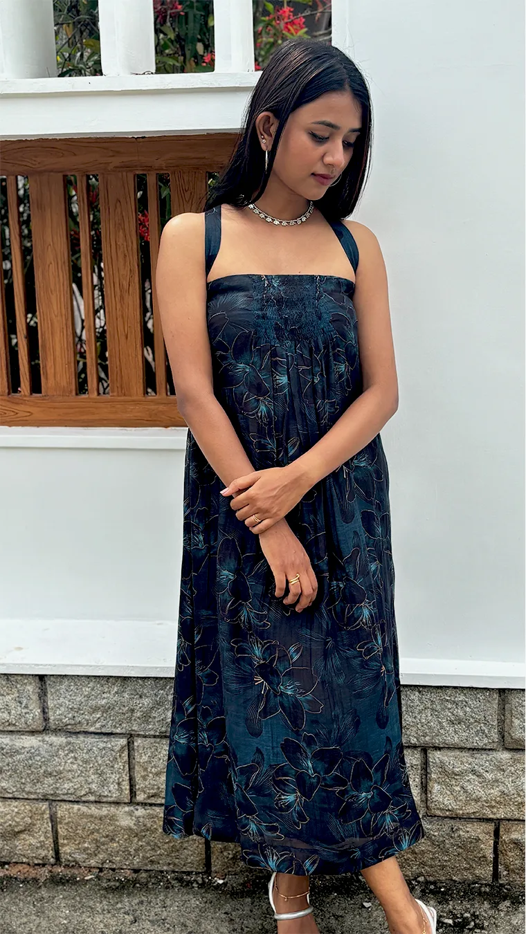 Dark Blue Floral 3-Panel Dress in Malai Chanderi - Image 7