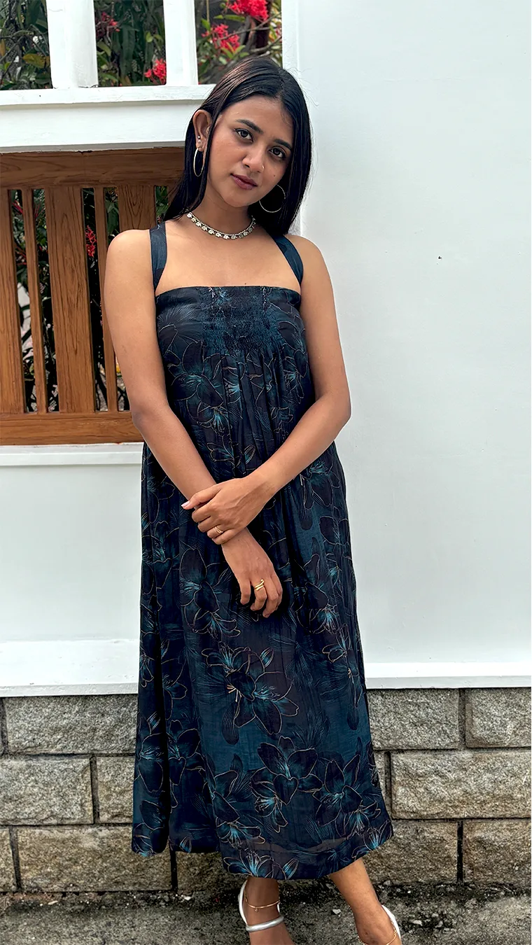 Dark Blue Floral 3-Panel Dress in Malai Chanderi - Image 6