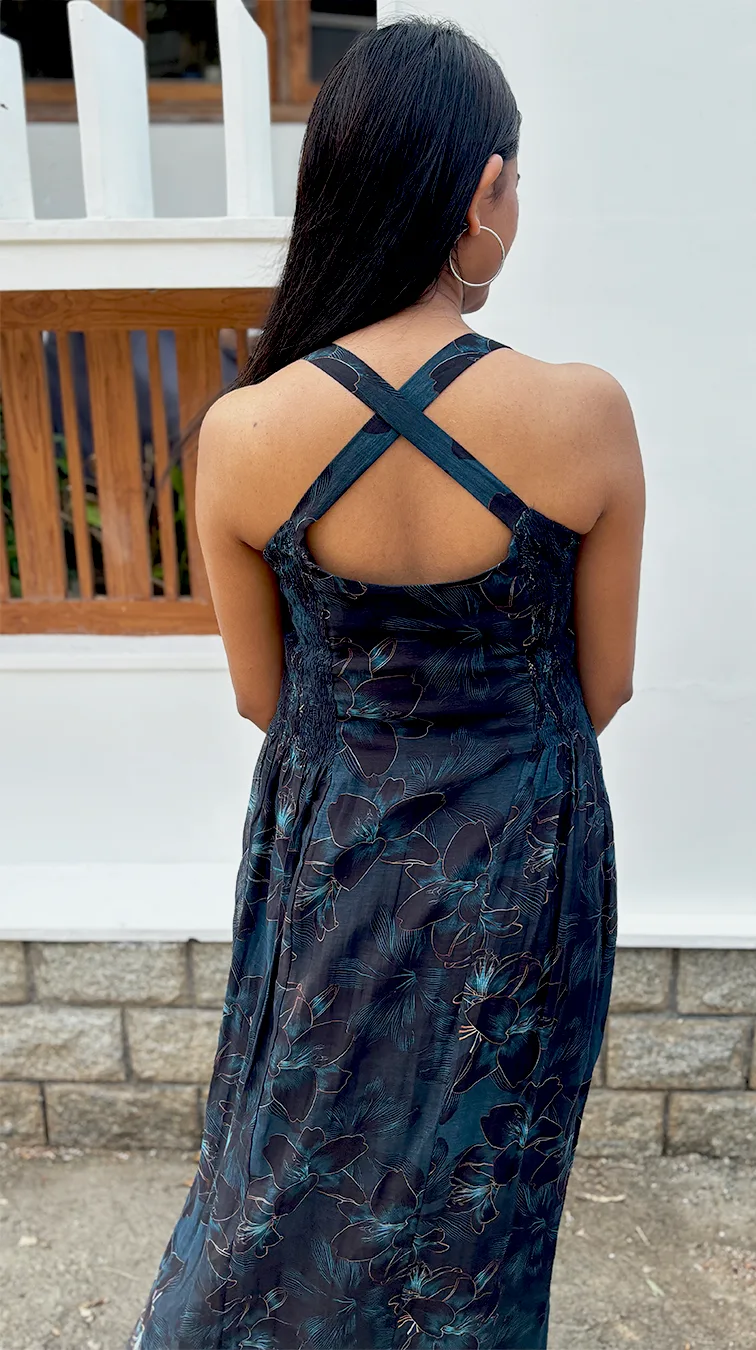 Dark Blue Floral 3-Panel Dress in Malai Chanderi - Image 4