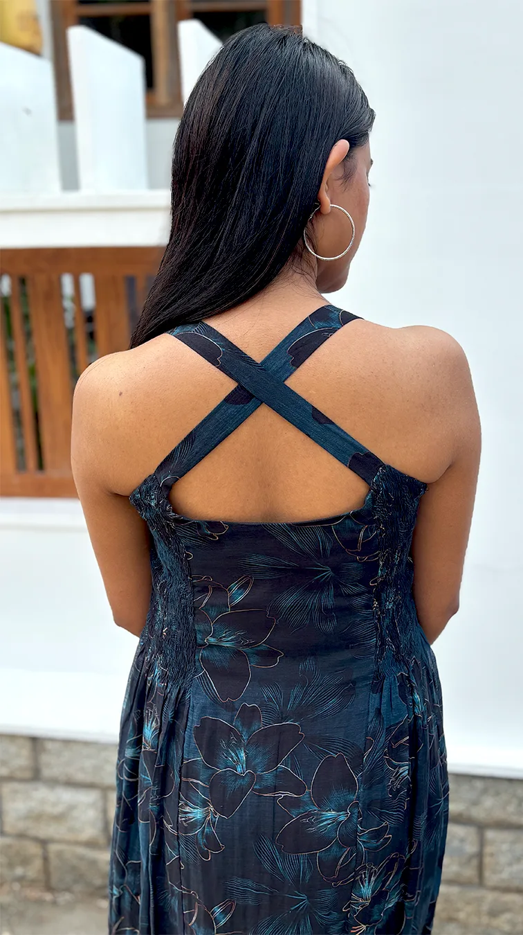 Dark Blue Floral 3-Panel Dress in Malai Chanderi - Image 3