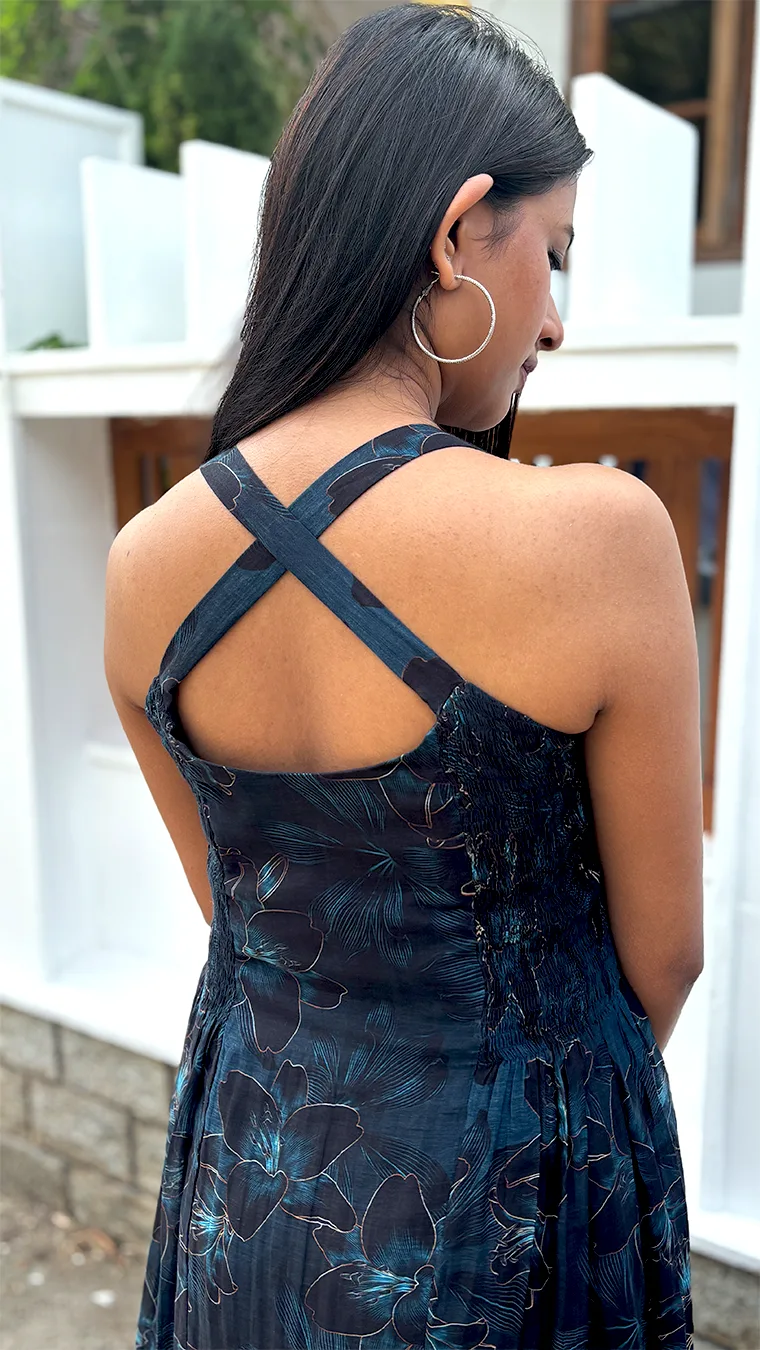 Dark Blue Floral 3-Panel Dress in Malai Chanderi - Image 2