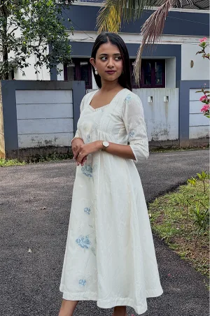 Malai Chanderi A-Line Dress with Lace Detailing & Keyhole Back – Blue Floral Elegance