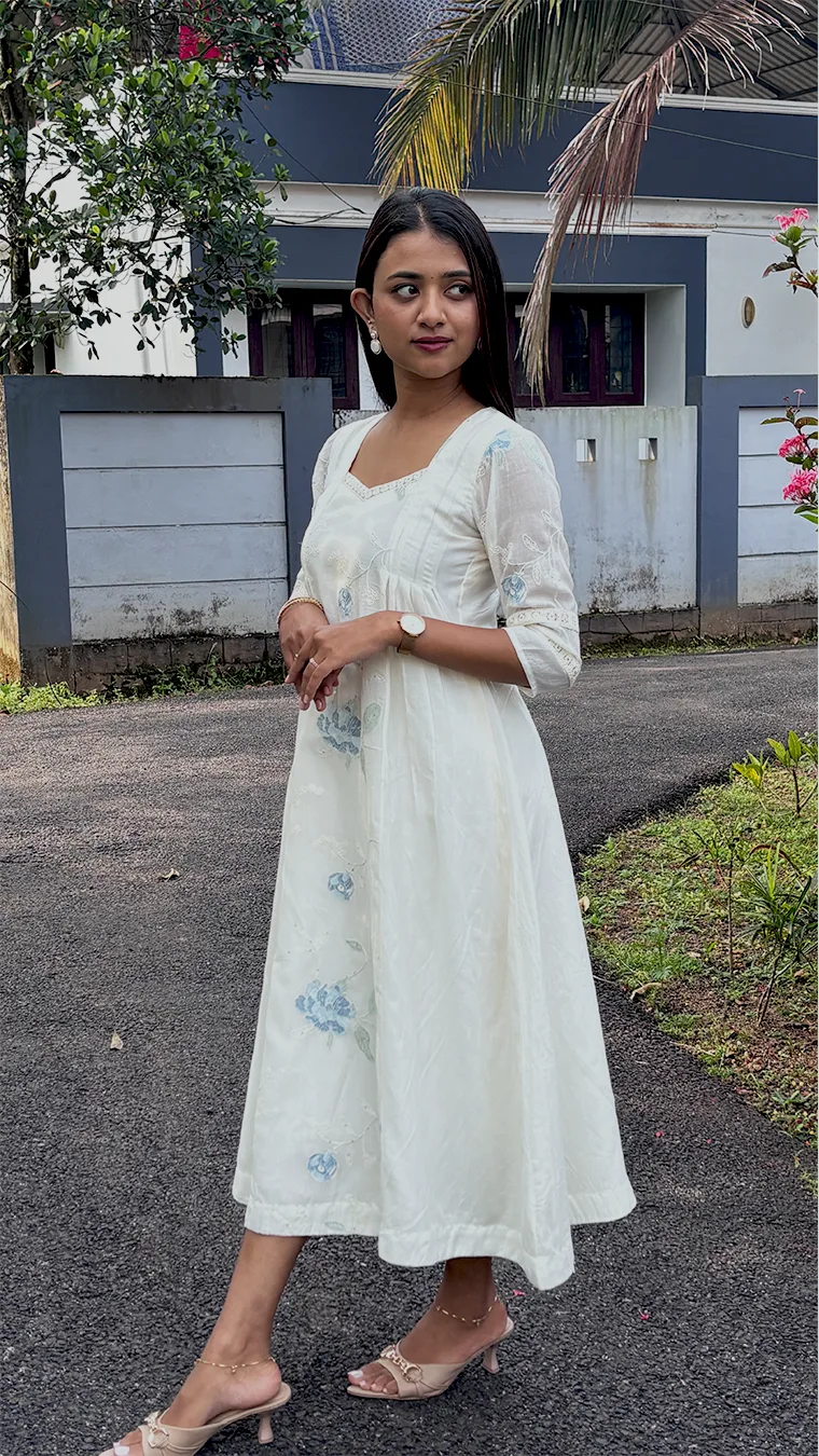 Malai Chanderi A-Line Dress with Lace Detailing & Keyhole Back – Blue Floral Elegance - Image 4