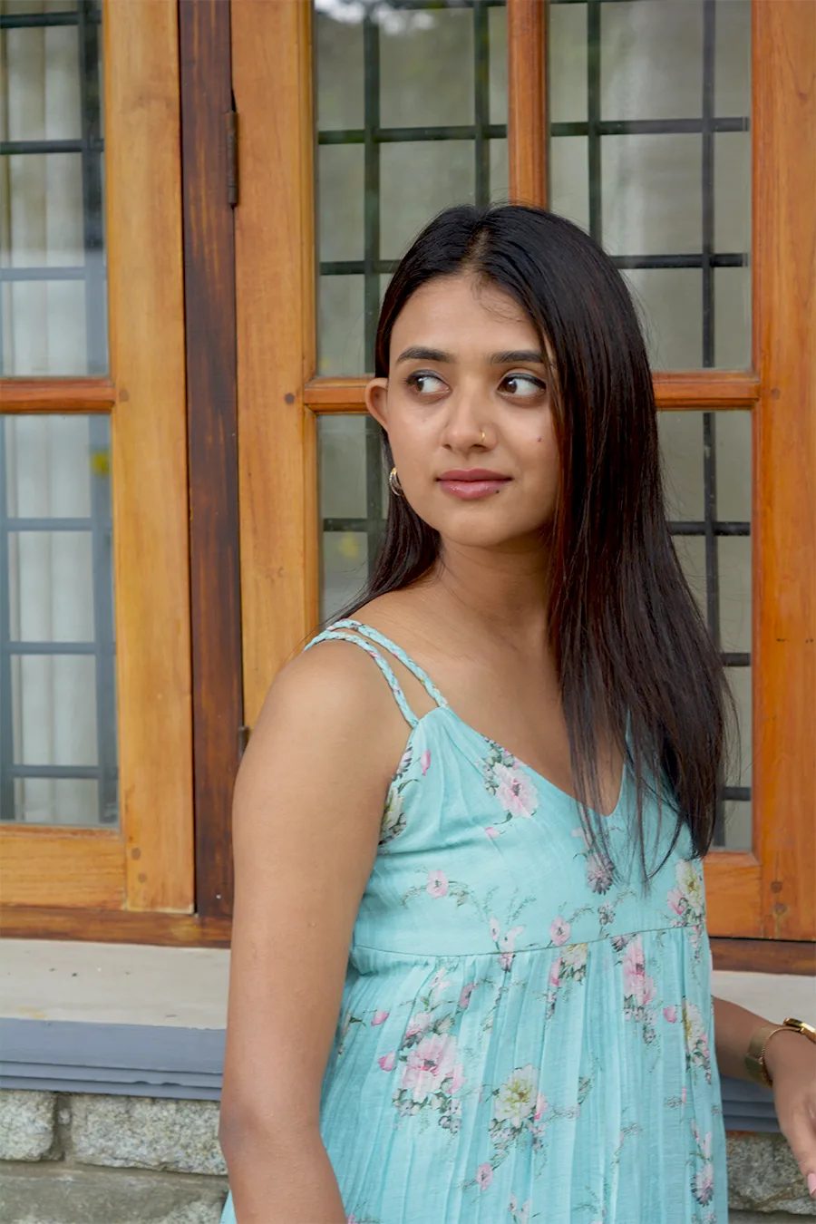 Sky Blue Floral V-Neck Dress in Malai Chanderi - Image 9